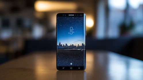 Samsung Galaxy S8 smartphone displays stunning city skyline wallpaper.