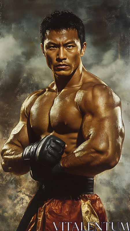 Muscular male fighter in gloves against smoky studio backdrop.
