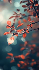 Red leaves on thin branch against teal circular bokeh background