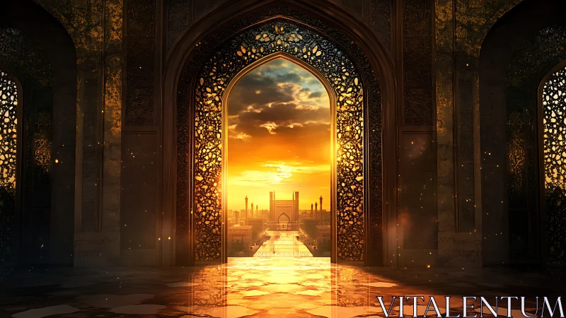 Golden sunset gateway opens onto a glowing distant city