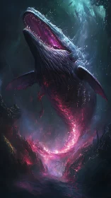 Bioluminescent leviathan breaches abyssal trench in luminous vortex