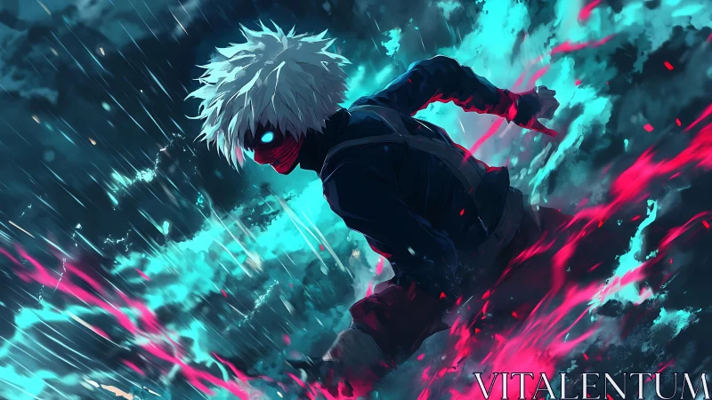 Storm-lit anime hero racing through neon-touched chaos.