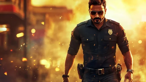Heroic police officer walking through golden city fire.