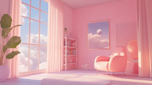 Pink minimalist lounge room overlooks bright sky clouds