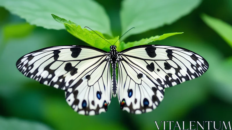 Butterfly with black and white patterned wings on leaf.