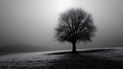 Solitary deciduous tree silhouetted on a misty winter slope