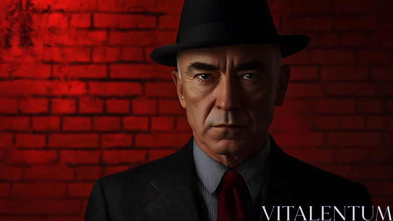 Cinematic low key portrait of stern man in fedora against red wall