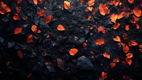 Autumn's Fire Dance on Stone: Luminous Leaves Ablaze.