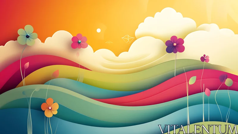 Vibrant abstract hills with stylized flowers at sunset.