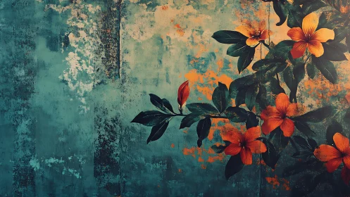 Weathered Textures: Tropical Florals Against Distressed Teal Wall