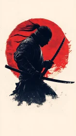 Blindfolded samurai silhouette stands before red sun circle