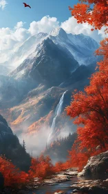 Crimson valley path beneath snowlit mountain waterfall.