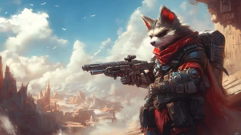 Armored raccoon ranger scans desert canyon with scoped plasma rifle