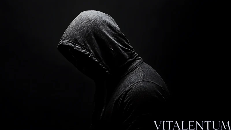 Hooded figure in dramatic low key lighting evokes mystery.