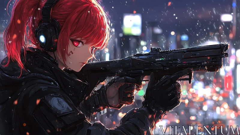 Cyberpunk sniper girl aims rifle over neon city at night.