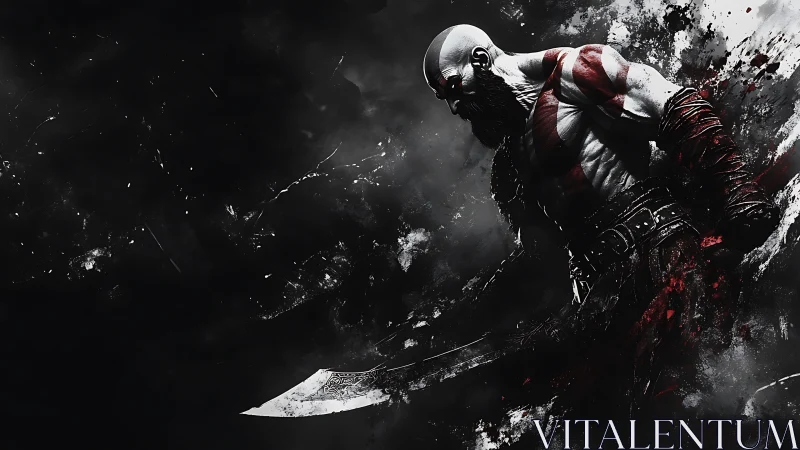 Battle-scarred warrior silhouette amid high-contrast digital storm.