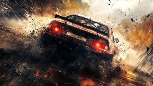 Rally car powerslides through wet dirt with dynamic motion blur
