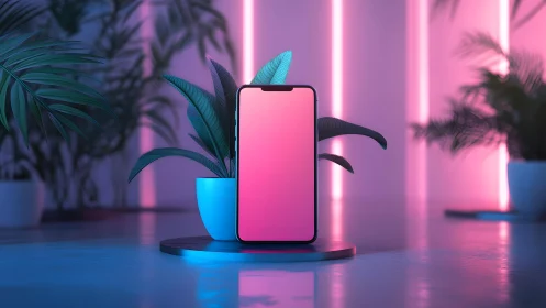 Modern smartphone display in neon-lit room with tropical plants.