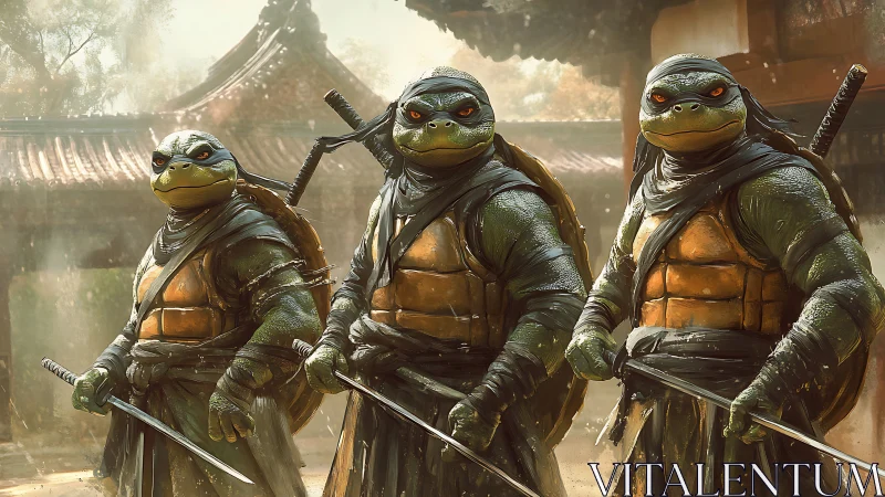 Photorealistic ninja turtles in cinematic triadic formation.