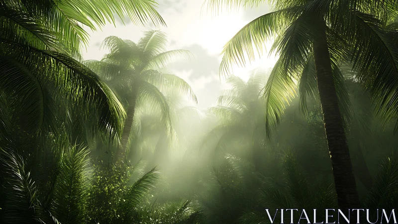 Tropical Palm Forest Illuminated by Filtered Sunlight through Mist