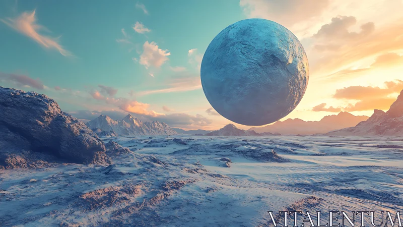 Digital painting of levitating ice sphere over alien tundra.