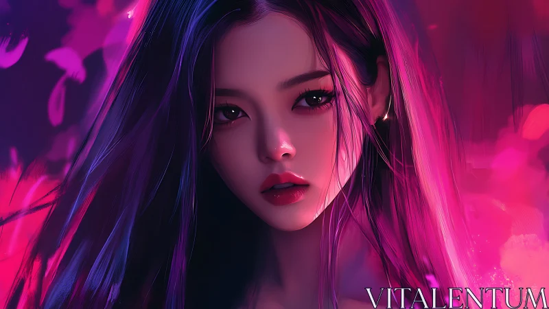 Neon portrait of digital woman in pink and purple light.