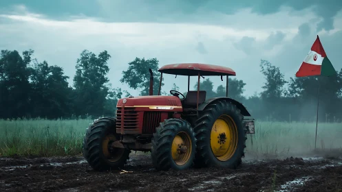 Red farm tractor in wet field with flag under overcast sky.