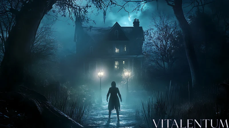 Moonlit orphan walks toward a brooding haunted manor.