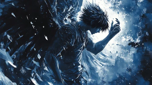 Fallen angel boy emerges from swirling blue light and shadow.