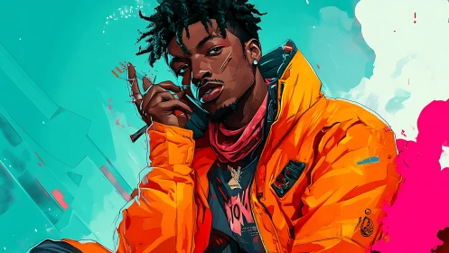 Neon teal portrait of urban man in orange jacket, stylized