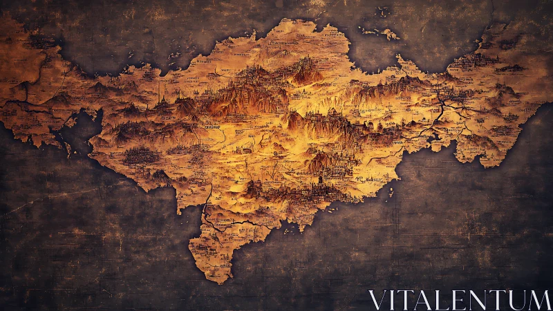 Antique fantasy continent map with elevated relief rendering