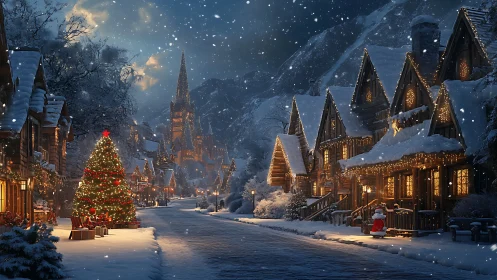 Snowy Christmas village street glows under soft night sky
