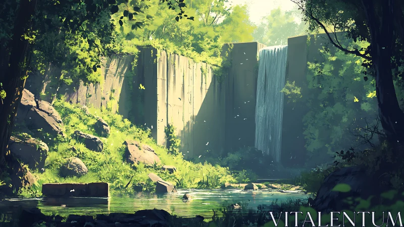 Columnar Basalt Waterfall Canyon Forest Illuminated Landscape