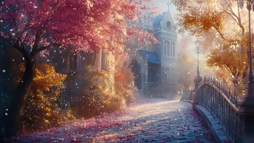 Dreamlike cobblestone street glows beneath autumn blossoms.