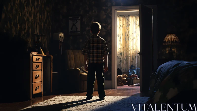 Boy standing in dim bedroom doorway lit by hallway glow.