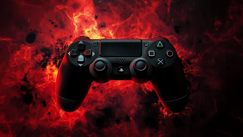 Gamepad ignites against infernal red energy storm backdrop.