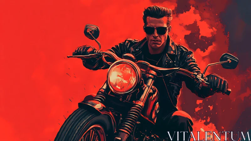 Motorcyclist in leather jacket against intense red backdrop.
