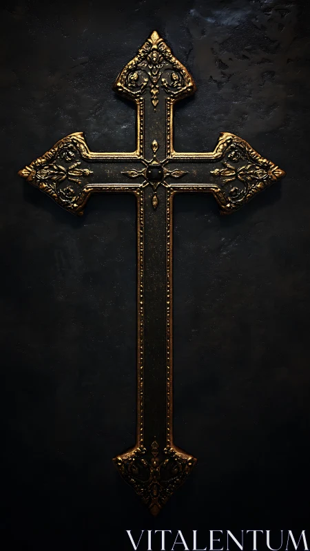 Gilded ornamental cross on textured dark stone background.