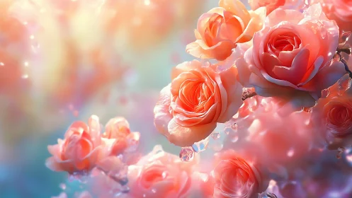 Coral and Pink Roses with Light Particles and Bokeh Background