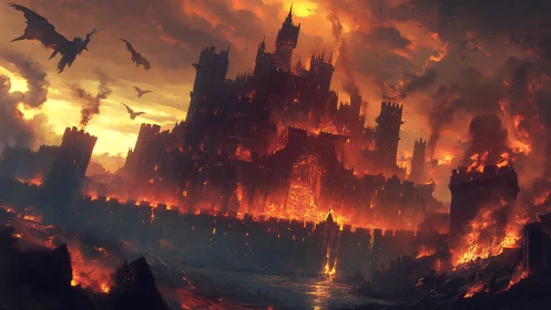 Fortified infernal citadel under aerial dragon siege at dusk