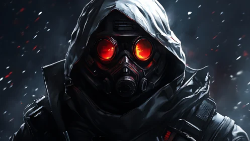 Hooded wanderer in glowing mask steps through frozen night