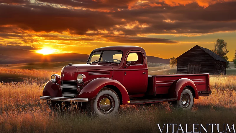 Sunset memories with a vintage red farm truck in gold fields.