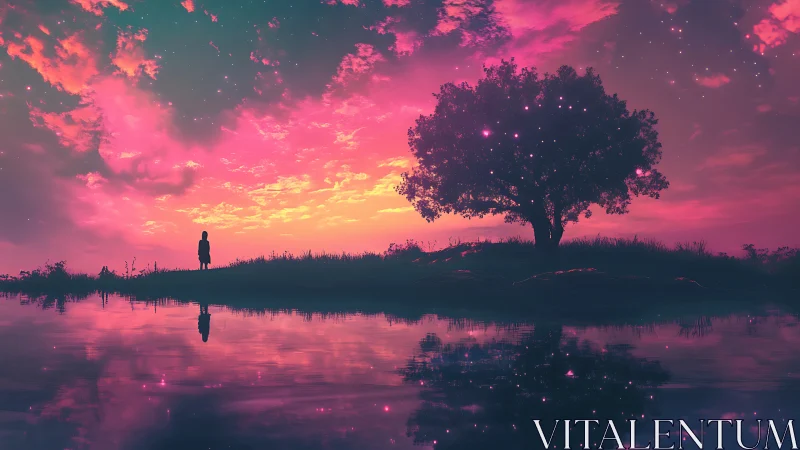 Silhouette stands by glowing tree under pink twilight sky