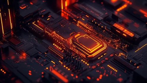 Glowing orange circuitry ignites a futuristic motherboard core