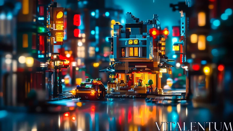 Neon drenched lego city street with rainy night reflections.