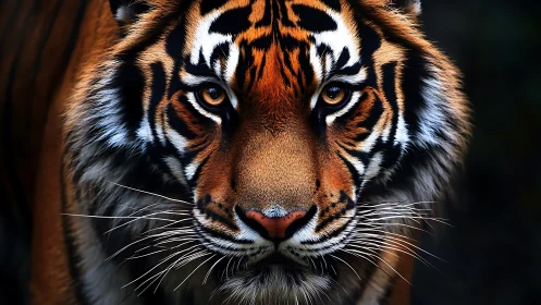 Tiger face fills frame under shadowed light and direct gaze