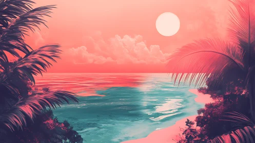 Dreamy tropical shoreline glowing in soft neon sunset hues.