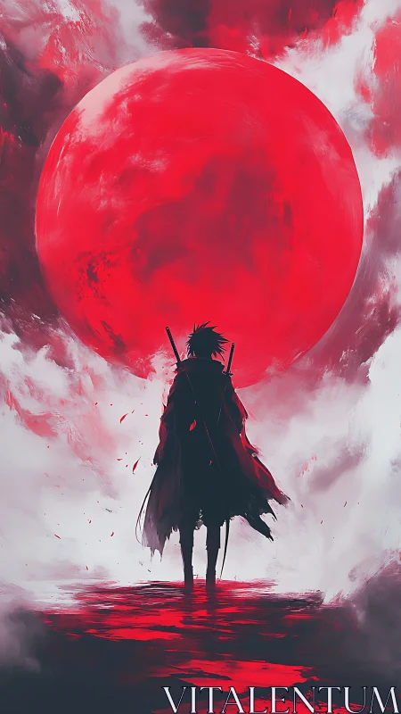 Lone swordsman beneath colossal crimson blood moon.