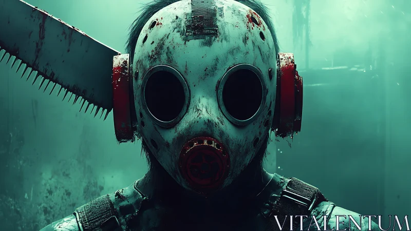 Masked chainsaw killer stands in cold teal industrial haze.