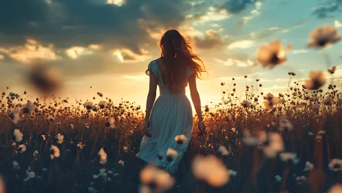 Backlit figure in floral meadow under cinematic sunset sky.